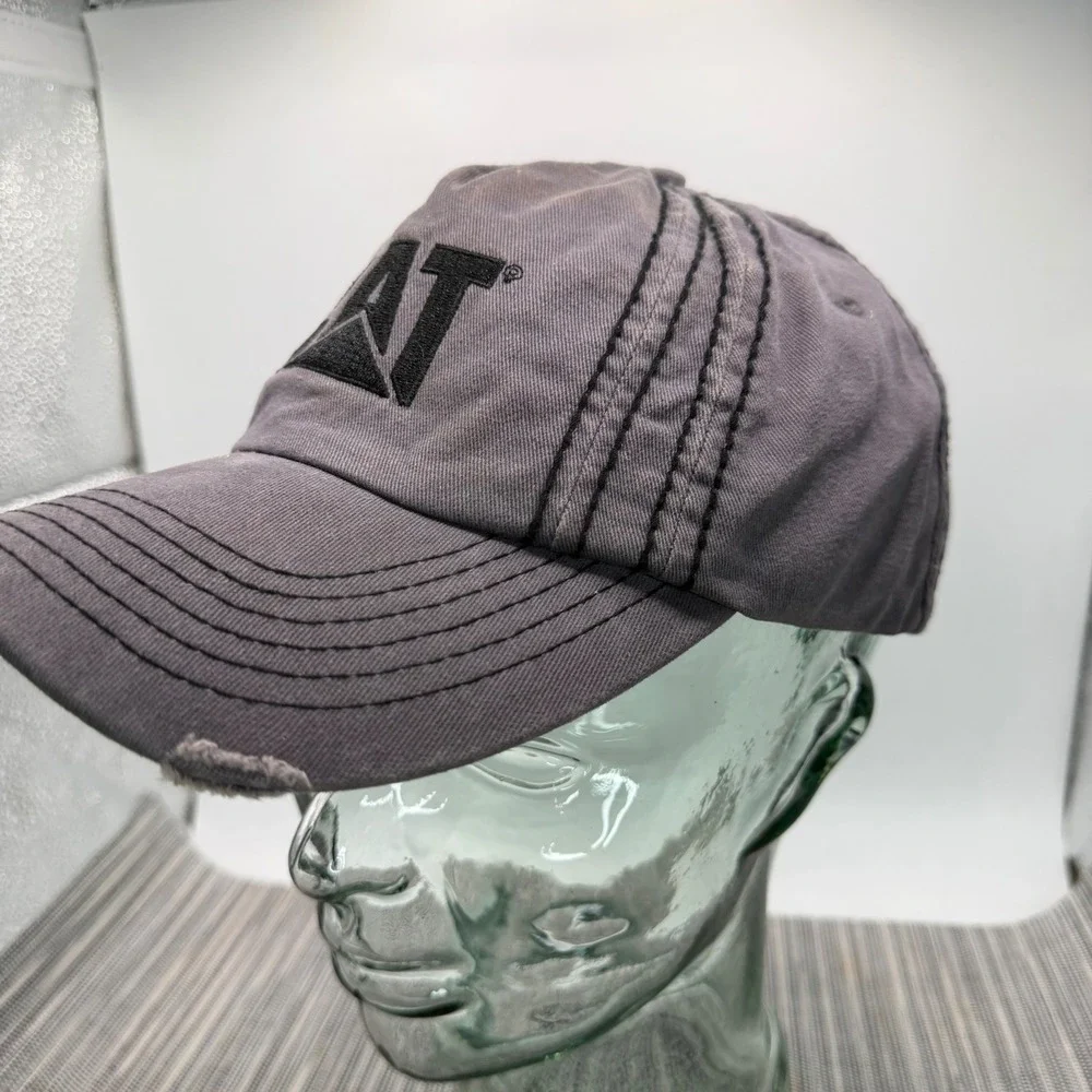 Caterpillar CAT Hat Mens Gray Distressed Cotton Adjustable Baseball Cap Logo